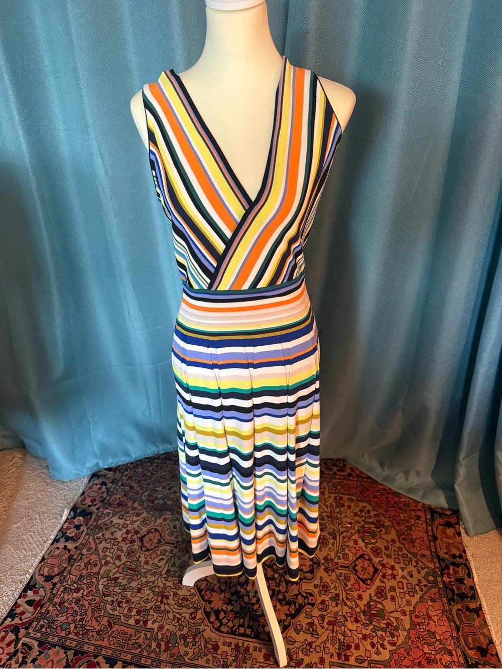Milly Multicolor Striped V-Neck Midi Dress